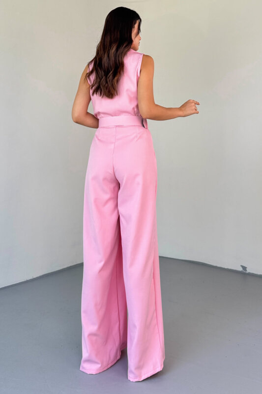 ELB-4243 Pembe Kemerli Gold Düğmeli Klapa Yaka Duble Viskon Tulum - 3