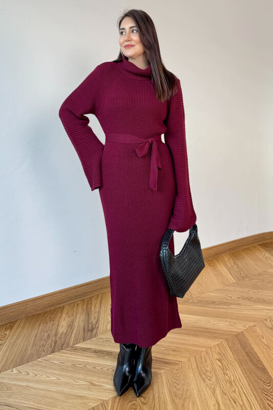 ELB-5199 Bordo Kuşaklı Balıkçı Yaka Pelerin Kollu Uzun Triko Elbise - 4