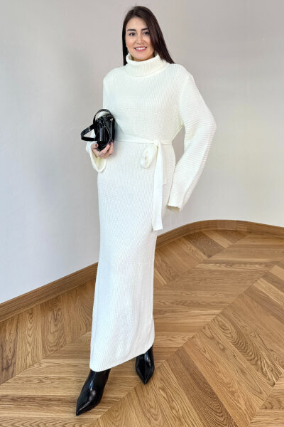 ELB-5199 Ekru Kuşaklı Balıkçı Yaka Pelerin Kollu Uzun Triko Elbise - Cappmoda