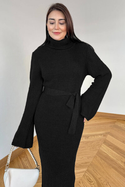 ELB-5199 Siyah Kuşaklı Balıkçı Yaka Pelerin Kollu Uzun Triko Elbise - Cappmoda (1)