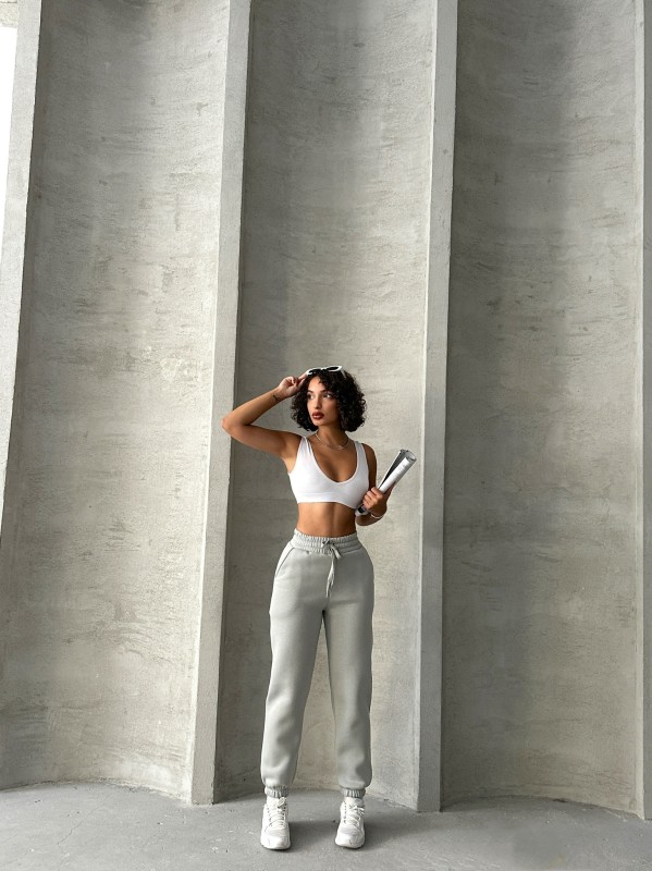 EŞF-09088 Boyama Gri Üç İplik Şardonlu Bel Lastikli Jogger Eşofman - 2