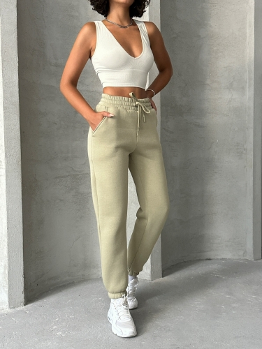 EŞF-09088 Haki Üç İplik Şardonlu Bel Lastikli Jogger Eşofman - 3