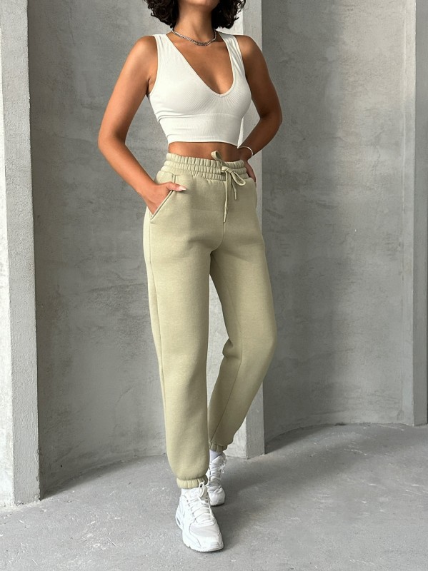 EŞF-09088 Haki Üç İplik Şardonlu Bel Lastikli Jogger Eşofman - 3