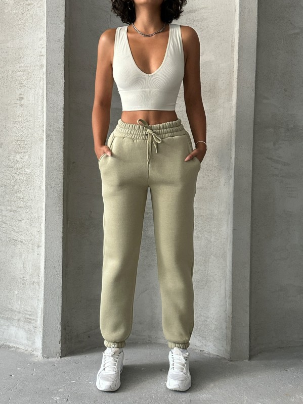 EŞF-09088 Haki Üç İplik Şardonlu Bel Lastikli Jogger Eşofman - 1