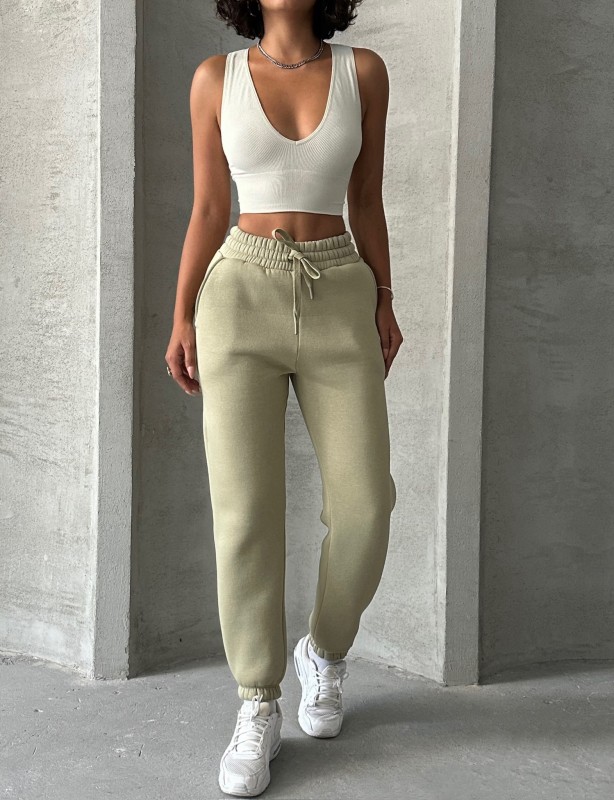 EŞF-09088 Haki Üç İplik Şardonlu Bel Lastikli Jogger Eşofman - 5