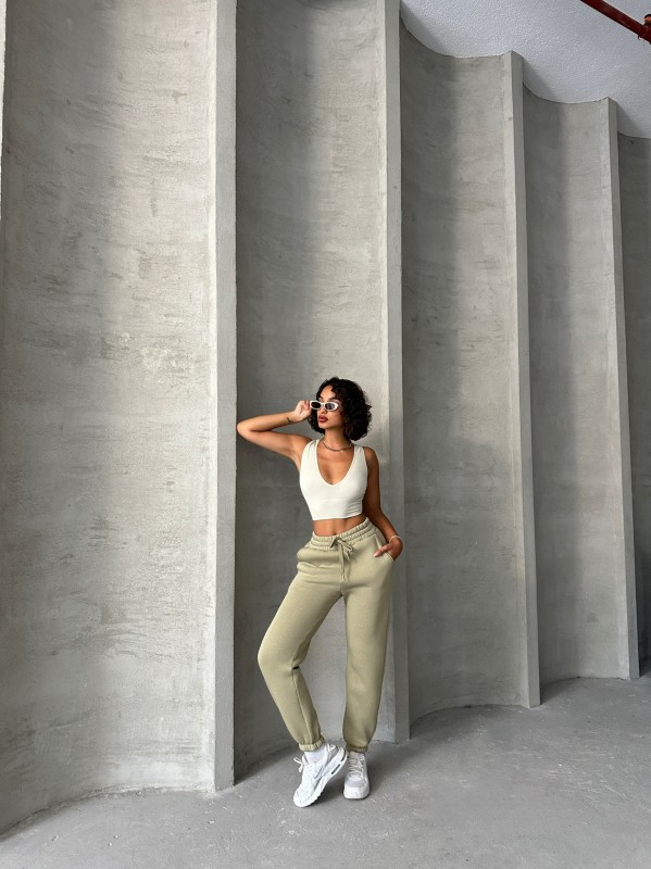 EŞF-09088 Haki Üç İplik Şardonlu Bel Lastikli Jogger Eşofman - 6