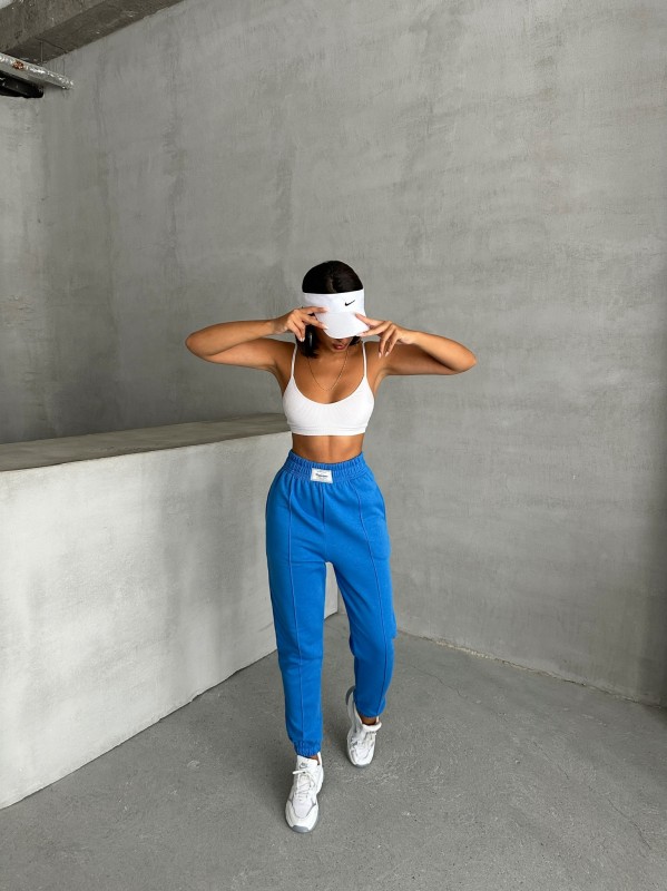 EŞF-09089 Mavi Etiket Detaylı İki İplik Çimalı Şardonlu Mevsimlik Kumaş Jogger Eşofman - 4