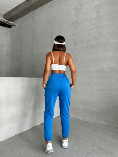 EŞF-09089 Mavi Etiket Detaylı İki İplik Çimalı Şardonlu Mevsimlik Kumaş Jogger Eşofman - 6