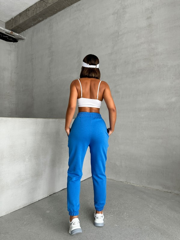 EŞF-09089 Mavi Etiket Detaylı İki İplik Çimalı Şardonlu Mevsimlik Kumaş Jogger Eşofman - 6