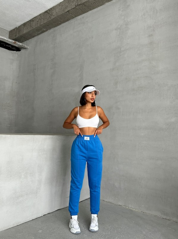 EŞF-09089 Mavi Etiket Detaylı İki İplik Çimalı Şardonlu Mevsimlik Kumaş Jogger Eşofman - 5