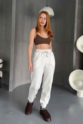 EŞF-09091 Beyaz İki İplik Şardonlu Jogger Eşofman 