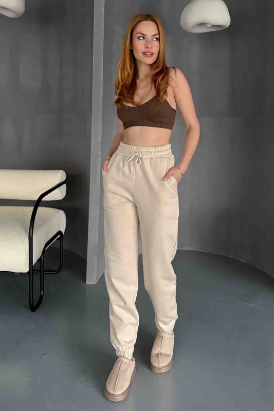 EŞF-09091 Krem Rengi İki İplik Şardonlu Jogger Eşofman - 1