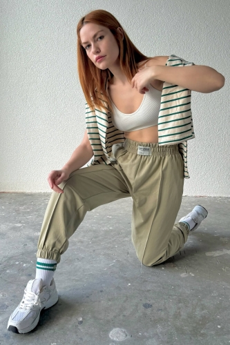 EŞF-9083 Haki Çimalı Capp Studio Etiketli Bel Lastikli İki İplik Jogger Eşofman 