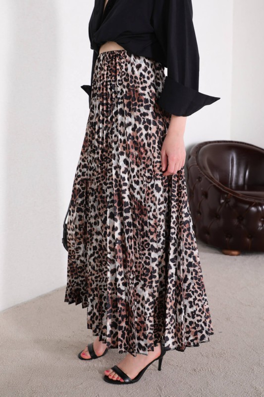 ETK-02301 Leopar Desen Saten Piliseli Etek - 3