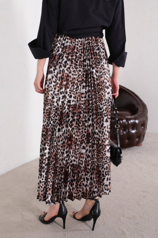 ETK-02301 Leopar Desen Saten Piliseli Etek - 4