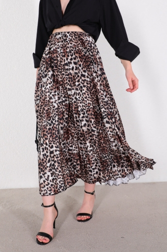 ETK-02301 Leopar Desen Saten Piliseli Etek 