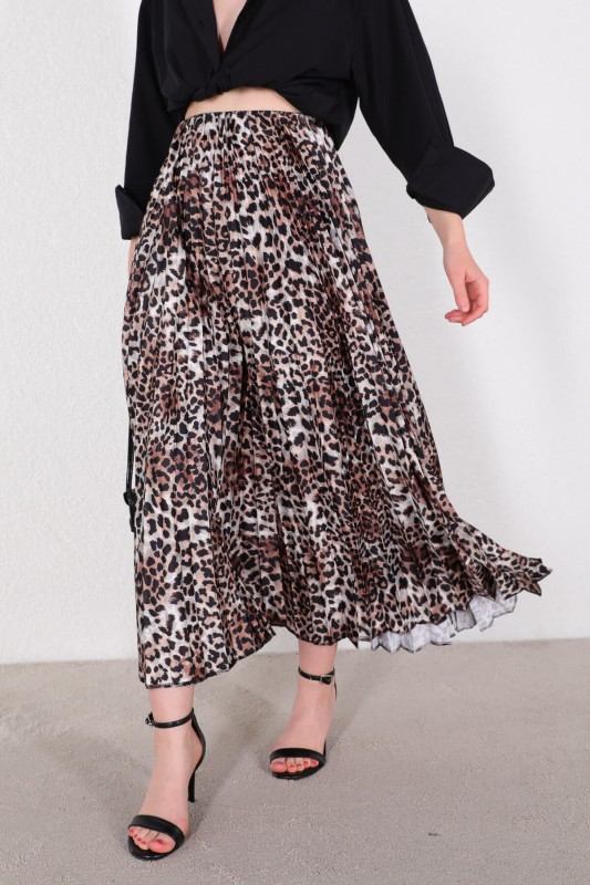 ETK-02301 Leopar Desen Saten Piliseli Etek - 1