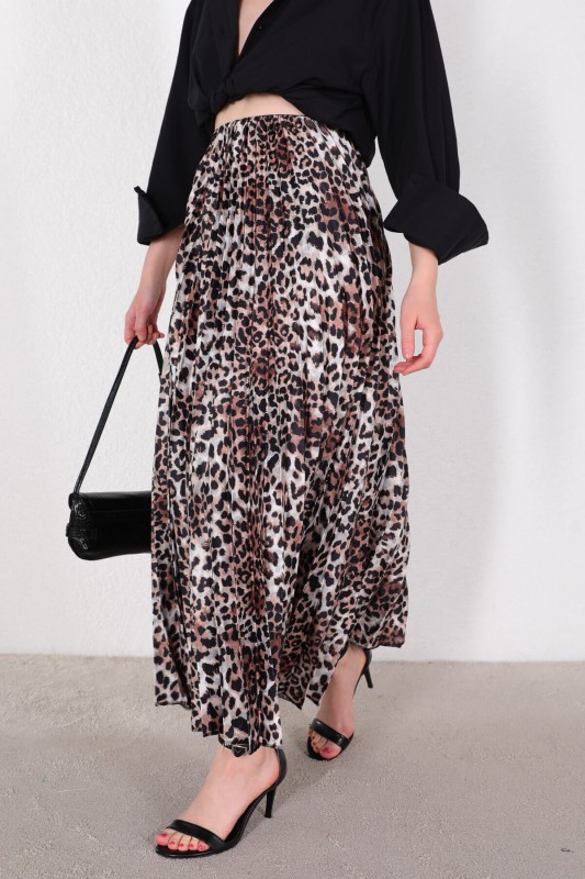 ETK-02301 Leopar Desen Saten Piliseli Etek - 5