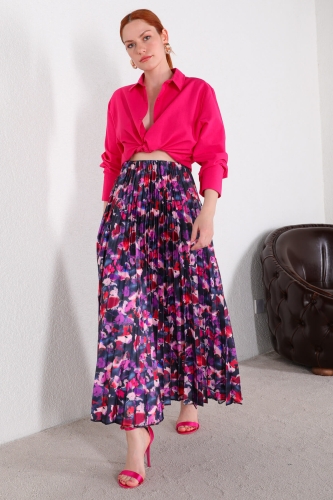 ETK-02301 Mor Çiçekli Desen Saten Piliseli Etek - 2