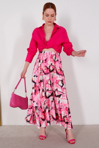 ETK-02301 Pembe Çiçekli Desen Saten Piliseli Etek - 4