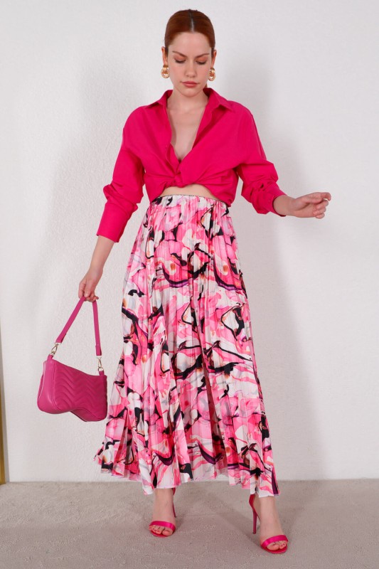 ETK-02301 Pembe Çiçekli Desen Saten Piliseli Etek - 4