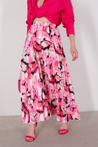 ETK-02301 Pembe Çiçekli Desen Saten Piliseli Etek - 1