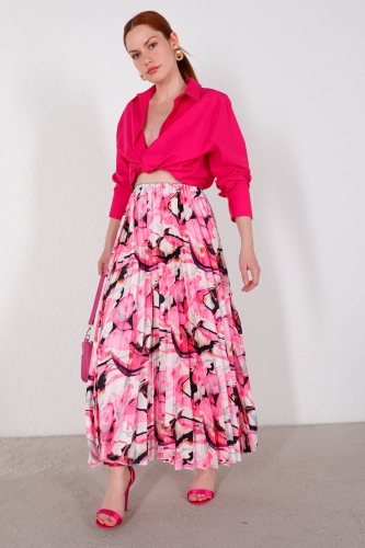 ETK-02301 Pembe Çiçekli Desen Saten Piliseli Etek - 6