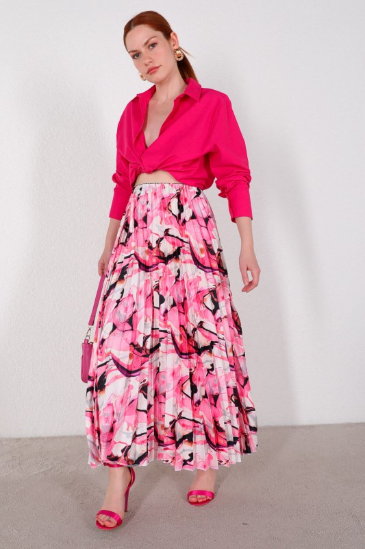 ETK-02301 Pembe Çiçekli Desen Saten Piliseli Etek - 6