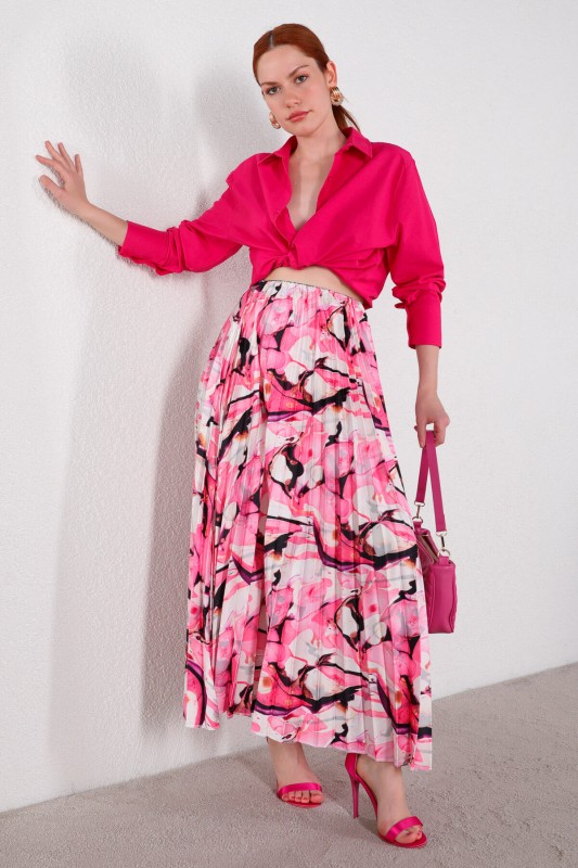 ETK-02301 Pembe Çiçekli Desen Saten Piliseli Etek - 2