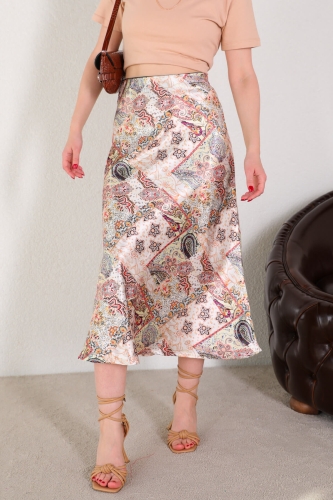 ETK-02302 Krem Etnik Desen Saten Etek 
