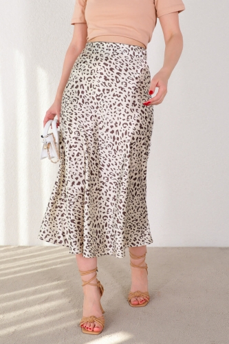 ETK-02302 Taş Rengi Leopar Desen Saten Etek 
