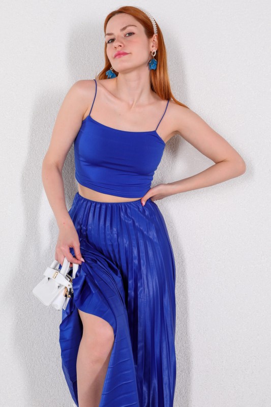 ETK-02304 Saks Mavisi Pileli Bel Lastikli Etek - 3