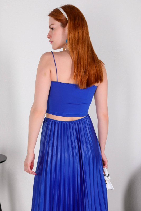 ETK-02304 Saks Mavisi Pileli Bel Lastikli Etek - 6
