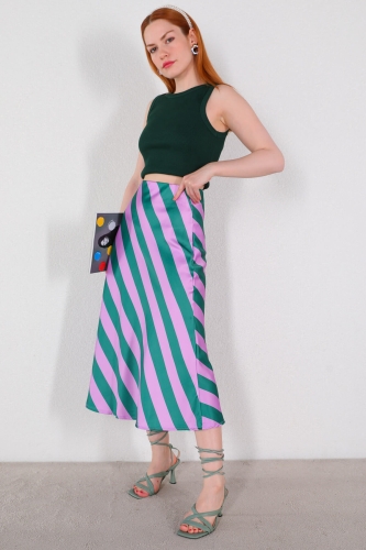 ETK-02305 Lila Çapraz Şeritli Saten Etek - 5