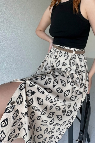 ETK-02308 Krem Yaprak Desenli Düğme Detay Kemerli Midi Boy Etek - 2