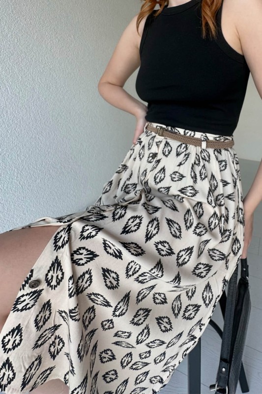 ETK-02308 Krem Yaprak Desenli Düğme Detay Kemerli Midi Boy Etek - 2