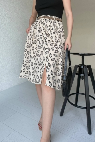 ETK-02308 Krem Yaprak Desenli Düğme Detay Kemerli Midi Boy Etek - 3