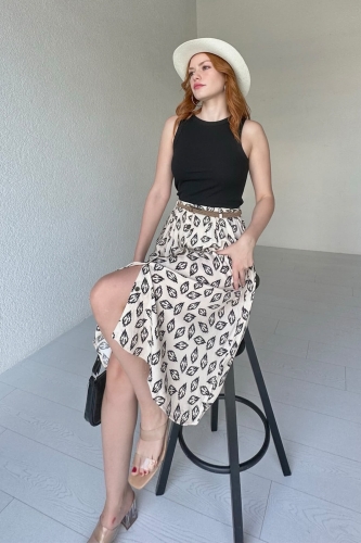 ETK-02308 Krem Yaprak Desenli Düğme Detay Kemerli Midi Boy Etek - 1