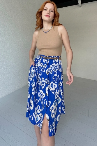 ETK-02309 Mavi Etnik Desenli Düğme Detay Kemerli Midi Boy Etek - 3