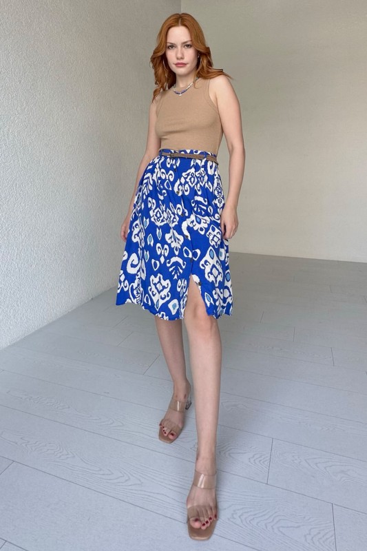 ETK-02309 Mavi Etnik Desenli Düğme Detay Kemerli Midi Boy Etek - 1