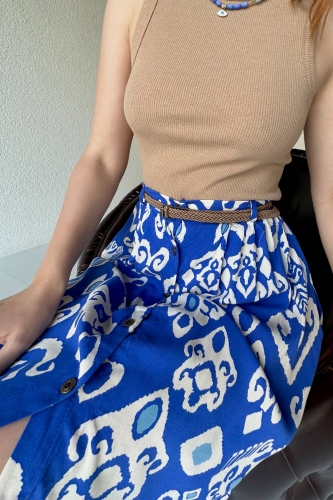 ETK-02309 Mavi Etnik Desenli Düğme Detay Kemerli Midi Boy Etek - 2