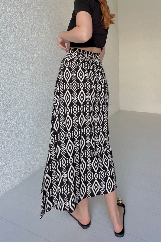 ETK-02311 Siyah Etnik Desenli Yandan Fermuar Yırtmaçlı Midi Boy Etek - 4