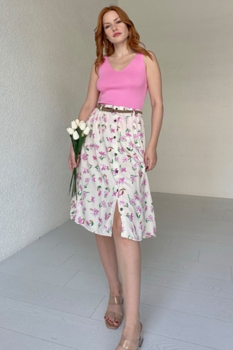 ETK-02312 Beyaz Pembe Çiçek Desenli Düğme Detay Kemerli Midi Boy Etek 