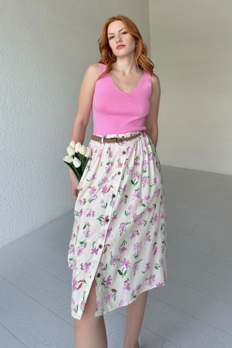 ETK-02312 Beyaz Pembe Çiçek Desenli Düğme Detay Kemerli Midi Boy Etek - 5