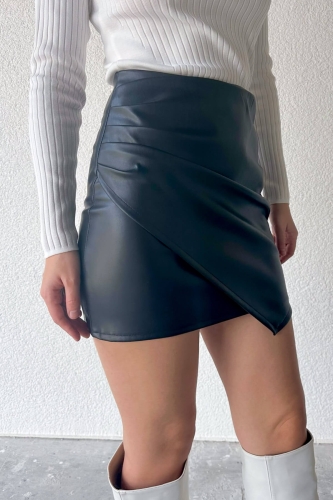 ETK-02316 Siyah Suni Deri Yan Büzgülü Mini Etek - 6