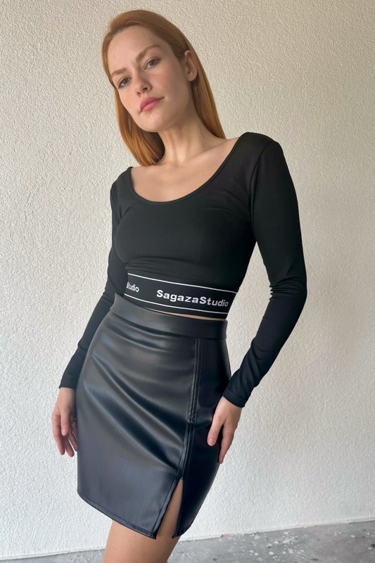 ETK-02317 Siyah Yan Fermuarlı Suni Deri Mini Etek - 2