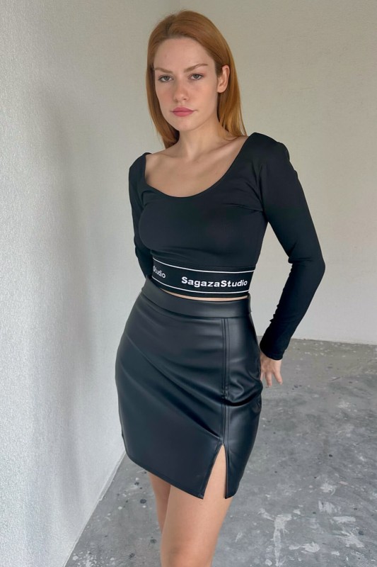 ETK-02317 Siyah Yan Fermuarlı Suni Deri Mini Etek - 5