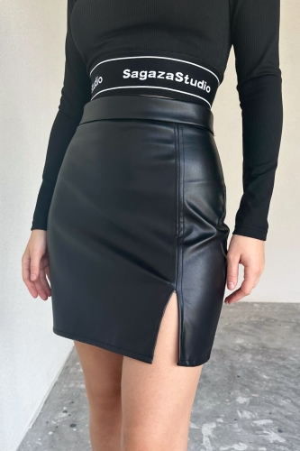 ETK-02317 Siyah Yan Fermuarlı Suni Deri Mini Etek - 1