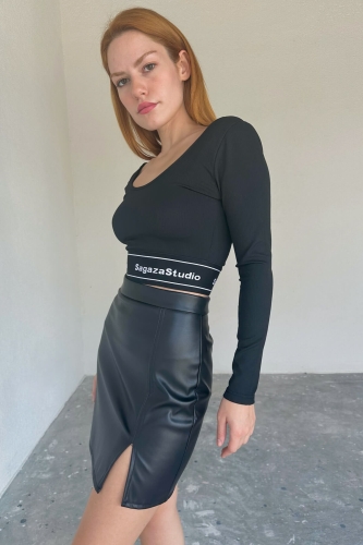 ETK-02317 Siyah Yan Fermuarlı Suni Deri Mini Etek - 7
