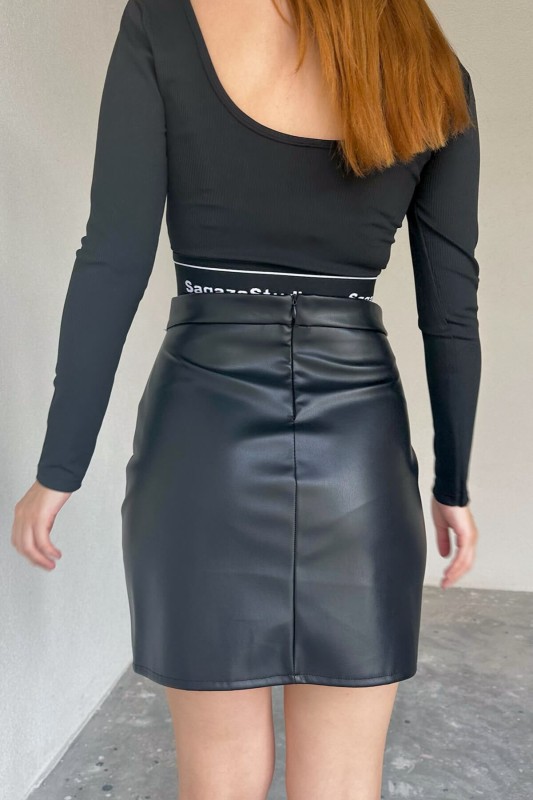 ETK-02317 Siyah Yan Fermuarlı Suni Deri Mini Etek - 8